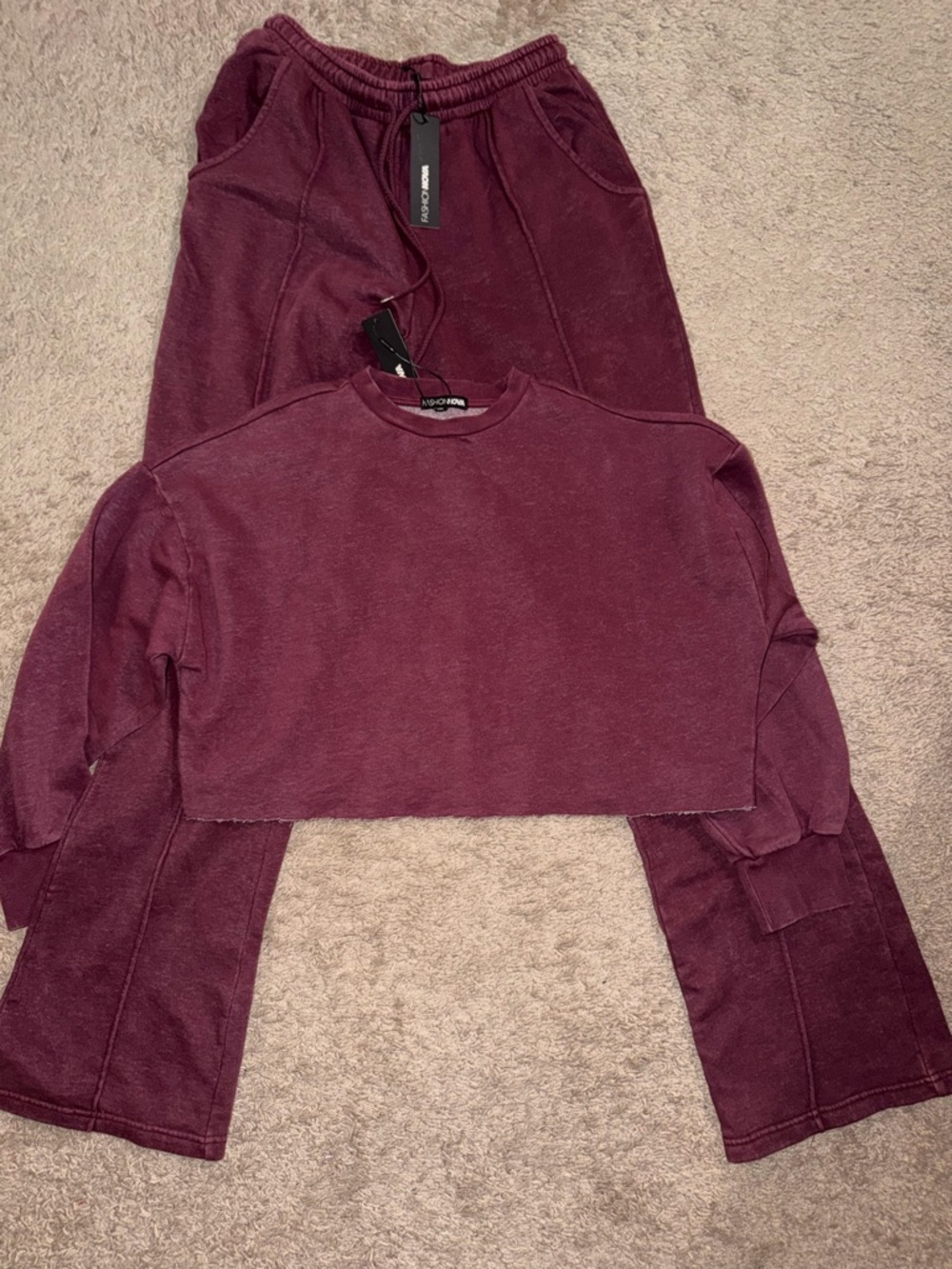 Fashion Nova Burgundy Crop Sweatshirt and Joggers Set